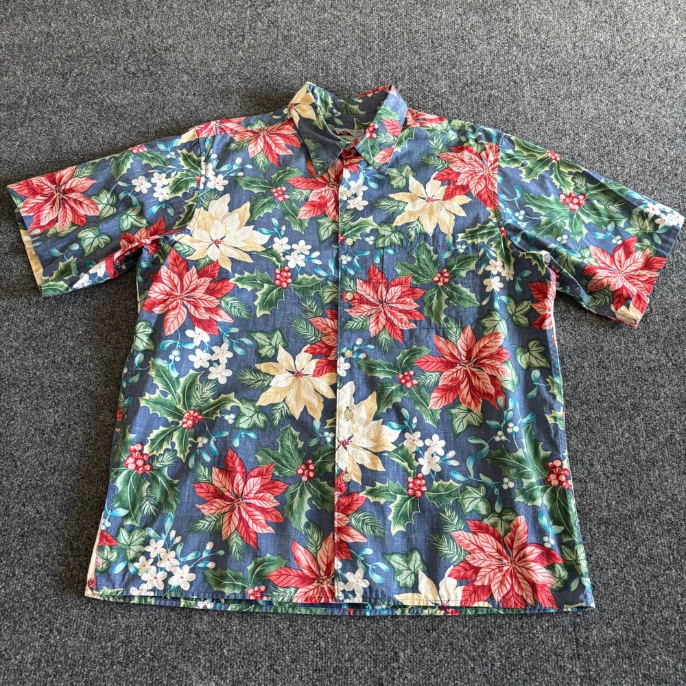 Reyn Spooner Hawaiian Traditionals Mens Large Poinsettia Christmas Shirt Blue